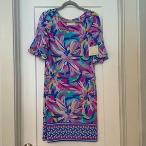 Pappagallo Pink, Blue and Yellow Sheath Dress with Flutter Sleeves